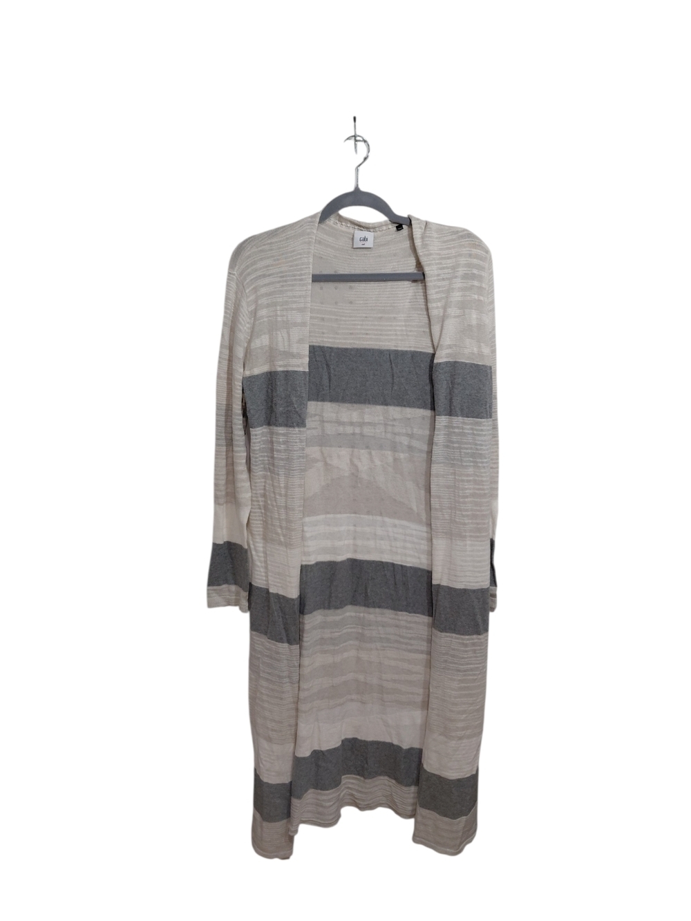 CAbi Striped Open Front Cardigan in Beige and Gray